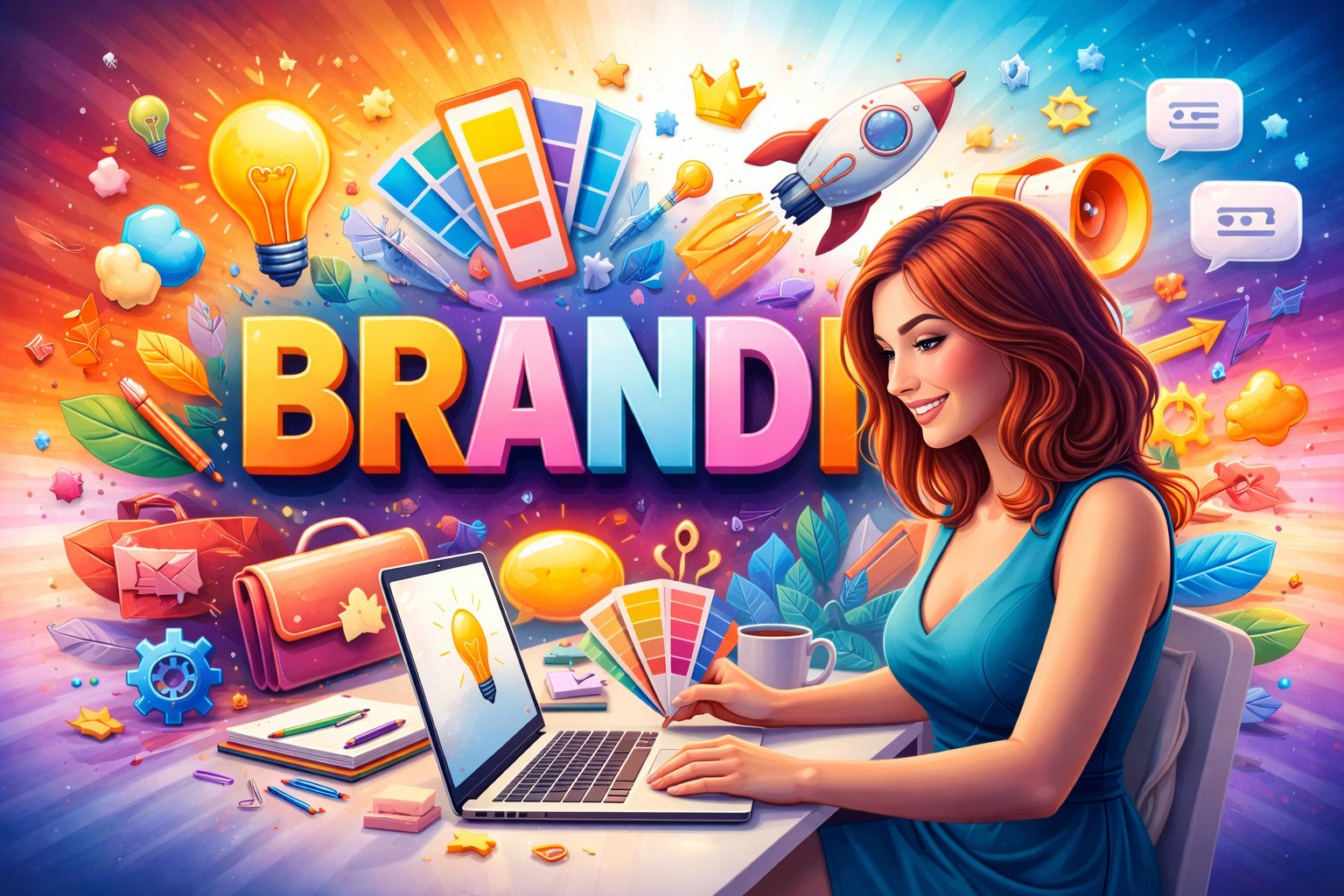 “Red-haired branding specialist working at a modern computer workstation, representing professional branding, digital identity development, and creative strategy in North Texas.”