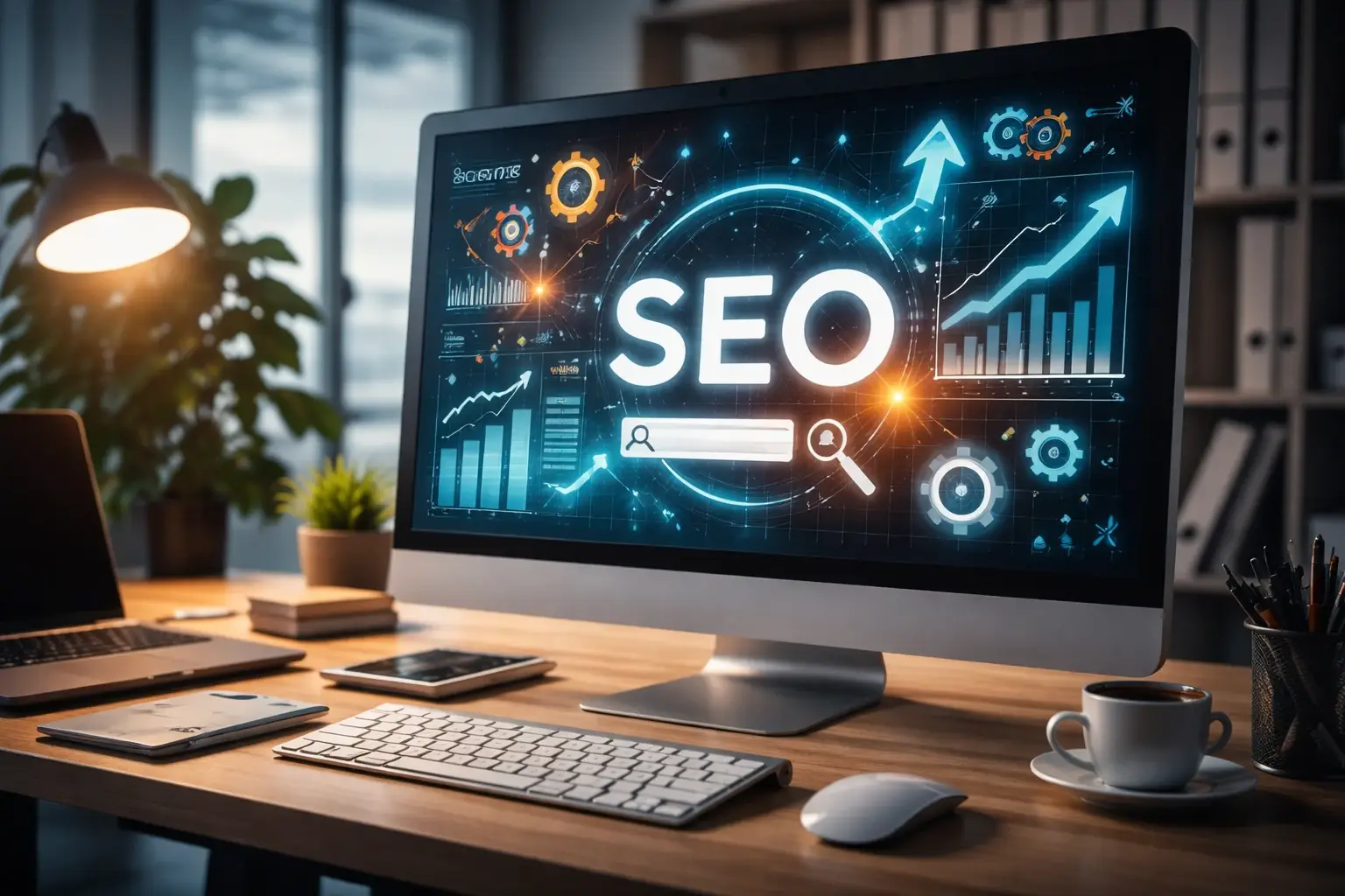 Modern office workspace with computer monitor displaying SEO analytics, search growth charts, and optimization data integrated into website design process