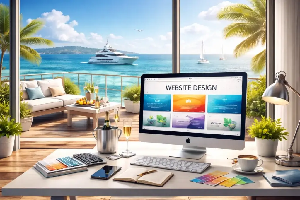 Modern office workspace with an iMac displaying a website design mockup on the screen, positioned in front of large floor-to-ceiling windows. Outside, a balcony overlooks turquoise ocean waters with yachts and sailboats, surrounded by palm trees. Desk includes design tools, color swatches, keyboard, smartphone, coffee cup, and champagne glasses, reflecting a professional and creative website design environment.